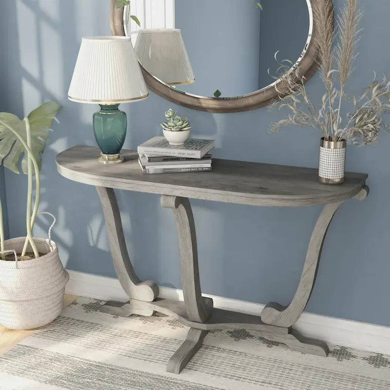 Console demi-ovale – Chêne Gris Vintage, Pieds Courbés Style Ferme & Base Piédestal, Utilisation Individuelle