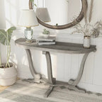 Console demi-ovale – Chêne Gris Vintage, Pieds Courbés Style Ferme & Base Piédestal, Utilisation Individuelle