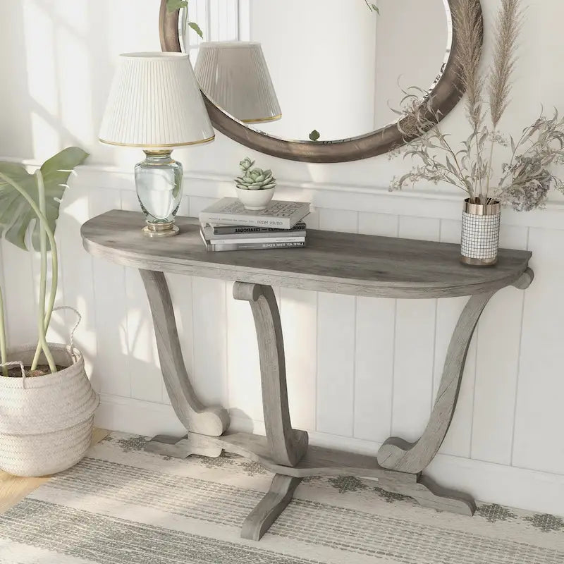 Console demi-ovale – Chêne Gris Vintage, Pieds Courbés Style Ferme & Base Piédestal, Utilisation Individuelle