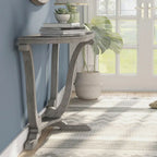 Console demi-ovale – Chêne Gris Vintage, Pieds Courbés Style Ferme & Base Piédestal, Utilisation Individuelle