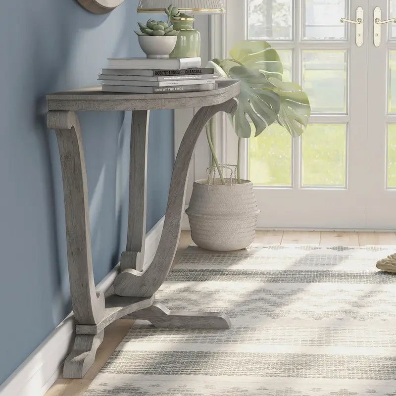 Console demi-ovale – Chêne Gris Vintage, Pieds Courbés Style Ferme & Base Piédestal, Utilisation Individuelle