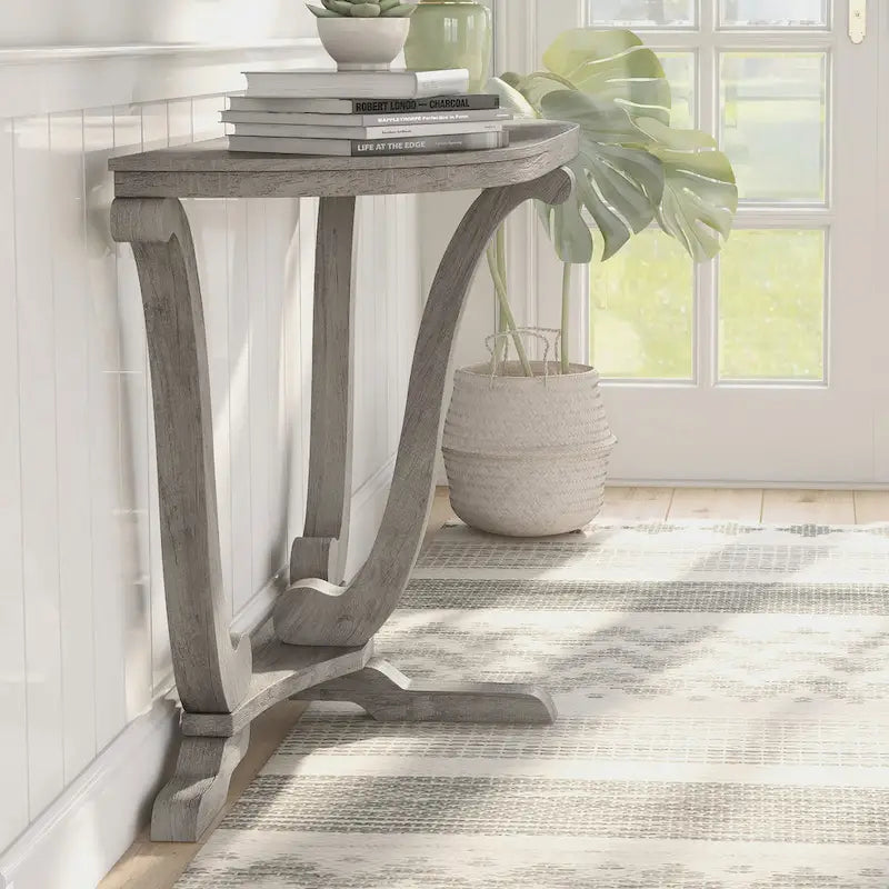 Console demi-ovale – Chêne Gris Vintage, Pieds Courbés Style Ferme & Base Piédestal, Utilisation Individuelle