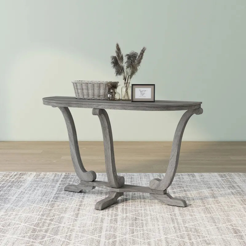 Console demi-ovale – Chêne Gris Vintage, Pieds Courbés Style Ferme & Base Piédestal, Utilisation Individuelle
