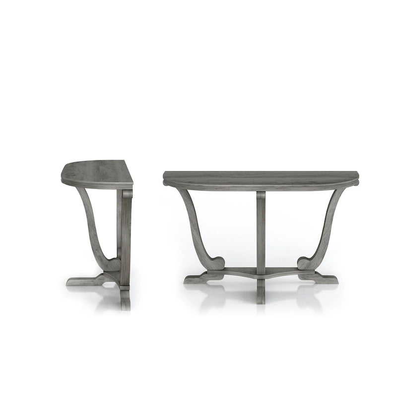 Console demi-ovale – Chêne Gris Vintage, Pieds Courbés Style Ferme & Base Piédestal, Utilisation Individuelle
