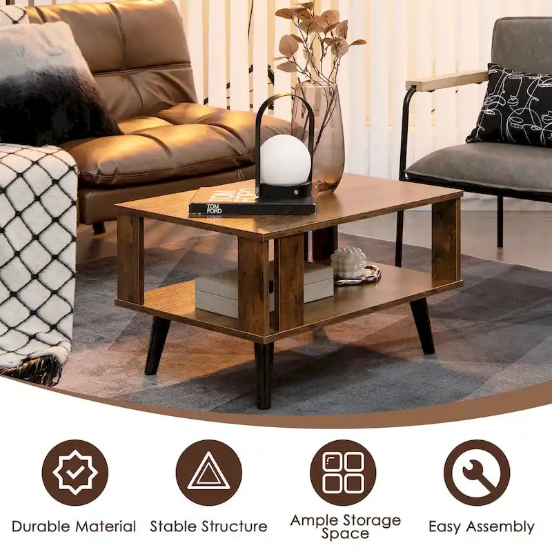 Table basse rectangulaire à 2 niveaux – Marron rustique et noir, bois industriel et métal, pour une personne
