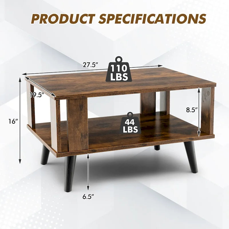 Table basse rectangulaire à 2 niveaux – Marron rustique et noir, bois industriel et métal, pour une personne