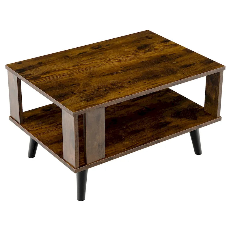 Table basse rectangulaire à 2 niveaux – Marron rustique et noir, bois industriel et métal, pour une personne