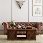 Table basse de style ferme avec portes coulissantes – Finition whiskey vieilli, bois d'aulne noueux et fer, 1 à 2 utilisateurs