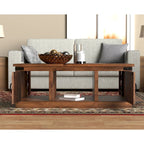 Table basse de style ferme avec portes coulissantes – Finition whiskey vieilli, bois d'aulne noueux et fer, 1 à 2 utilisateurs
