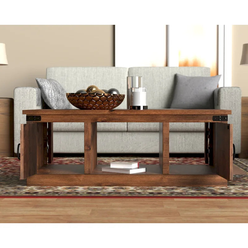 Table basse de style ferme avec portes coulissantes – Finition whiskey vieilli, bois d'aulne noueux et fer, 1 à 2 utilisateurs