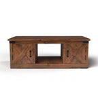 Table basse de style ferme avec portes coulissantes – Finition whiskey vieilli, bois d'aulne noueux et fer, 1 à 2 utilisateurs