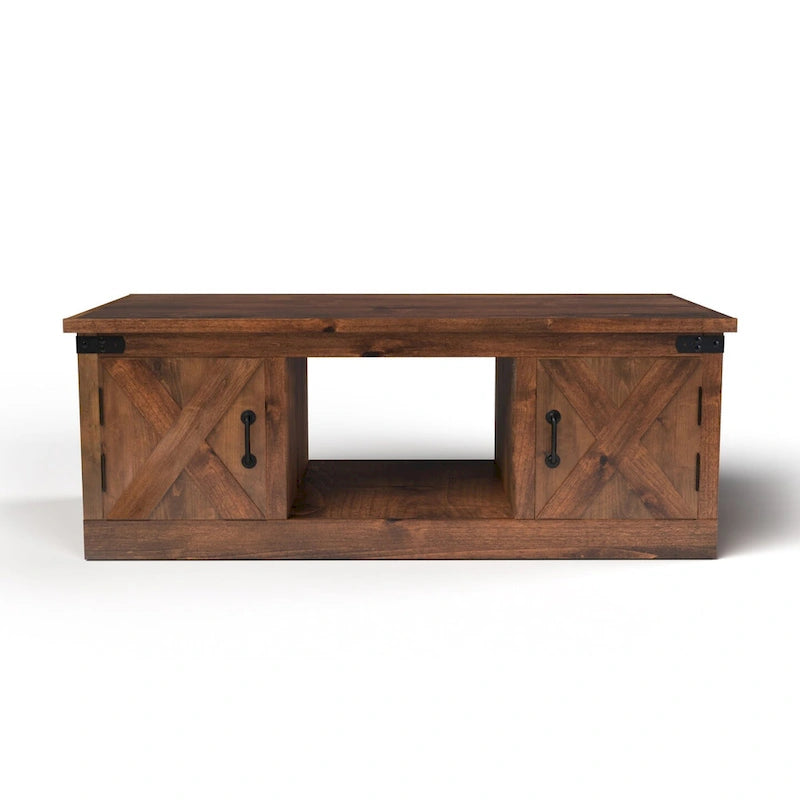 Table basse de style ferme avec portes coulissantes – Finition whiskey vieilli, bois d'aulne noueux et fer, 1 à 2 utilisateurs