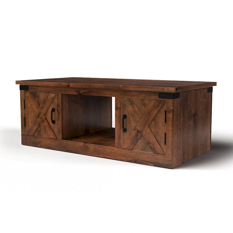 Table basse de style ferme avec portes coulissantes – Finition whiskey vieilli, bois d'aulne noueux et fer, 1 à 2 utilisateurs