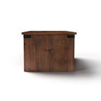 Table basse de style ferme avec portes coulissantes – Finition whiskey vieilli, bois d'aulne noueux et fer, 1 à 2 utilisateurs