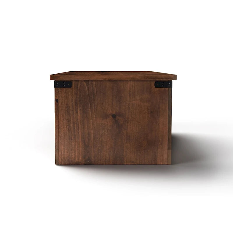 Table basse de style ferme avec portes coulissantes – Finition whiskey vieilli, bois d'aulne noueux et fer, 1 à 2 utilisateurs