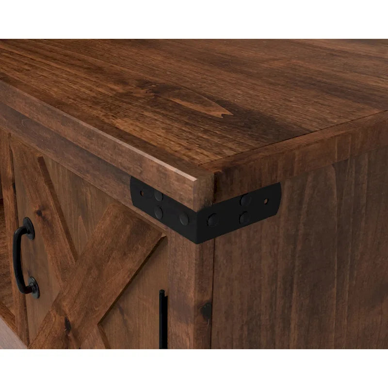 Table basse de style ferme avec portes coulissantes – Finition whiskey vieilli, bois d'aulne noueux et fer, 1 à 2 utilisateurs