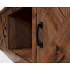 Table basse de style ferme avec portes coulissantes – Finition whiskey vieilli, bois d'aulne noueux et fer, 1 à 2 utilisateurs