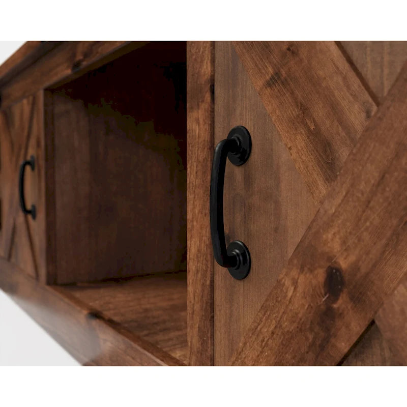 Table basse de style ferme avec portes coulissantes – Finition whiskey vieilli, bois d'aulne noueux et fer, 1 à 2 utilisateurs