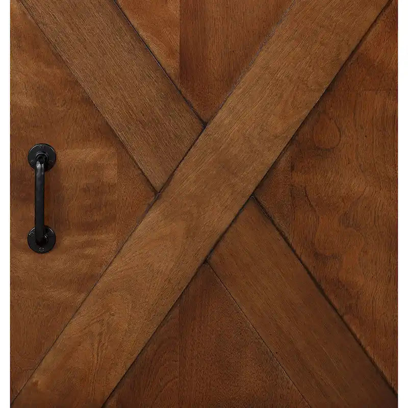 Table basse de style ferme avec portes coulissantes – Finition whiskey vieilli, bois d'aulne noueux et fer, 1 à 2 utilisateurs