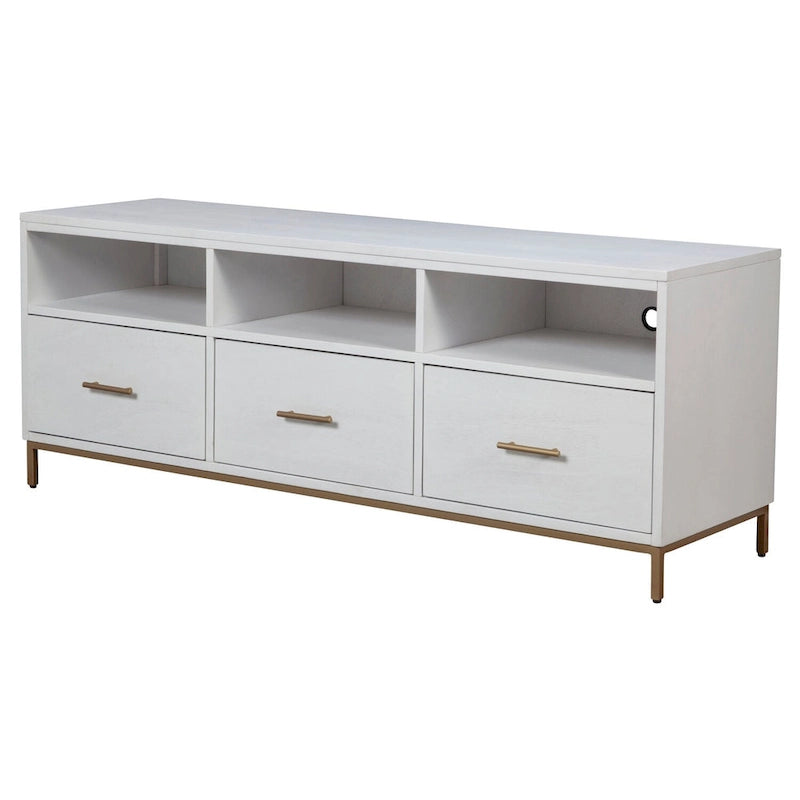 Meuble TV console en bois à 3 tiroirs – Blanc, Acajou Moderne et Gestion des câbles, 1 à 2 utilisateurs