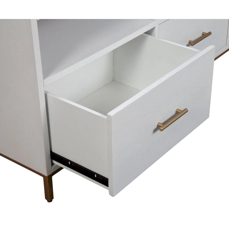 Meuble TV console en bois à 3 tiroirs – Blanc, Acajou Moderne et Gestion des câbles, 1 à 2 utilisateurs