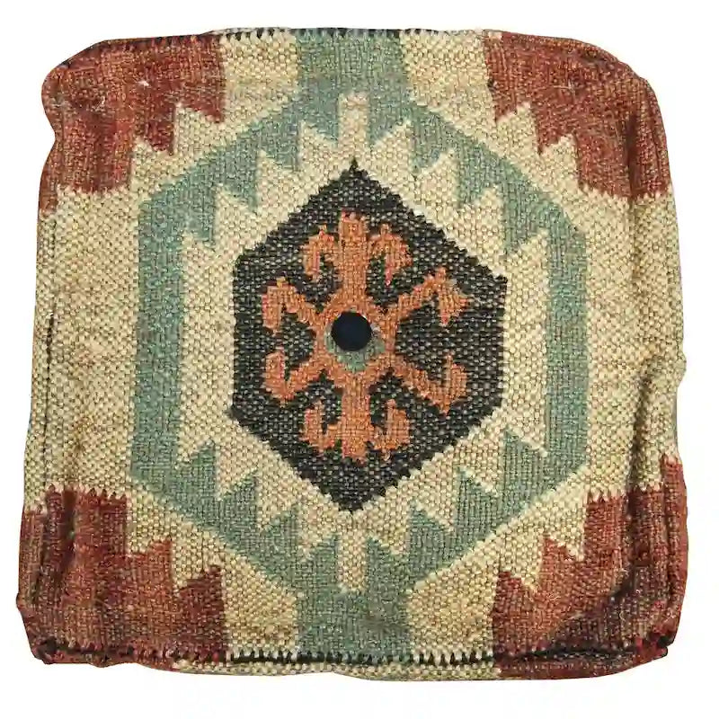 Pouf Kilim Fait Main – Beige / Rouge / Gris / Noir / Orange, Laine Géométrique Traditionnelle, Monoplace