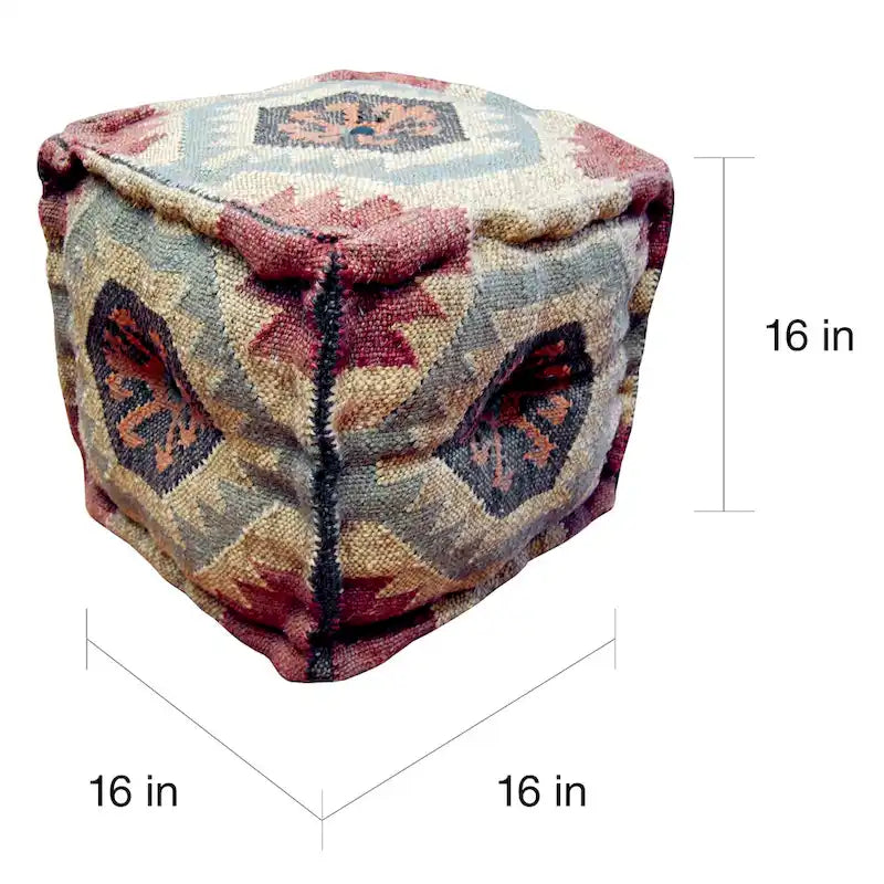 Pouf Kilim Fait Main – Beige / Rouge / Gris / Noir / Orange, Laine Géométrique Traditionnelle, Monoplace