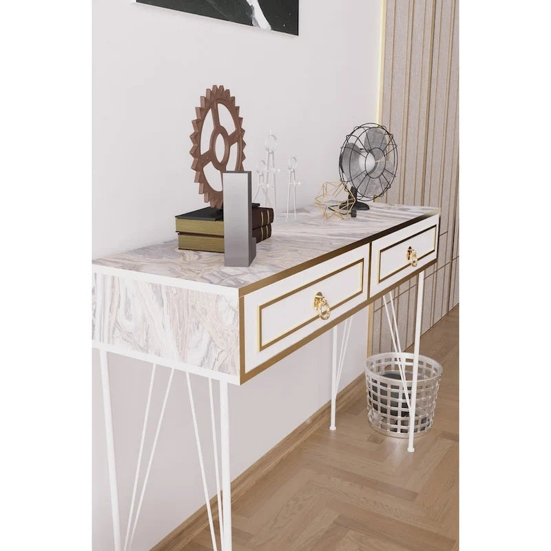 Console – Marbre Blanc, Piétement Métal Moderne, Monoposte