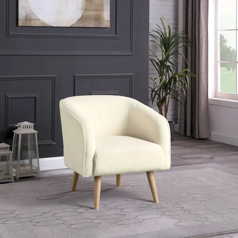 Fauteuil d'appoint Sherpa avec pieds en bois – Crème, tissu Sherpa doux et moderne, une place