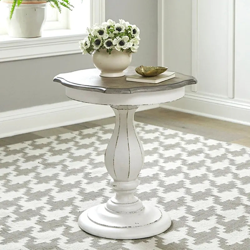 Table d'appoint ronde – Blanc antique, pied en bois, une personne