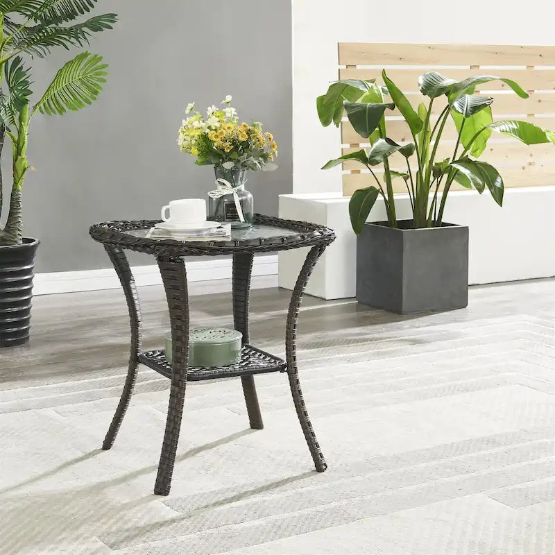 Table d'appoint d'extérieur carrée – Marron, résine tressée PE et plateau en verre trempé, une place