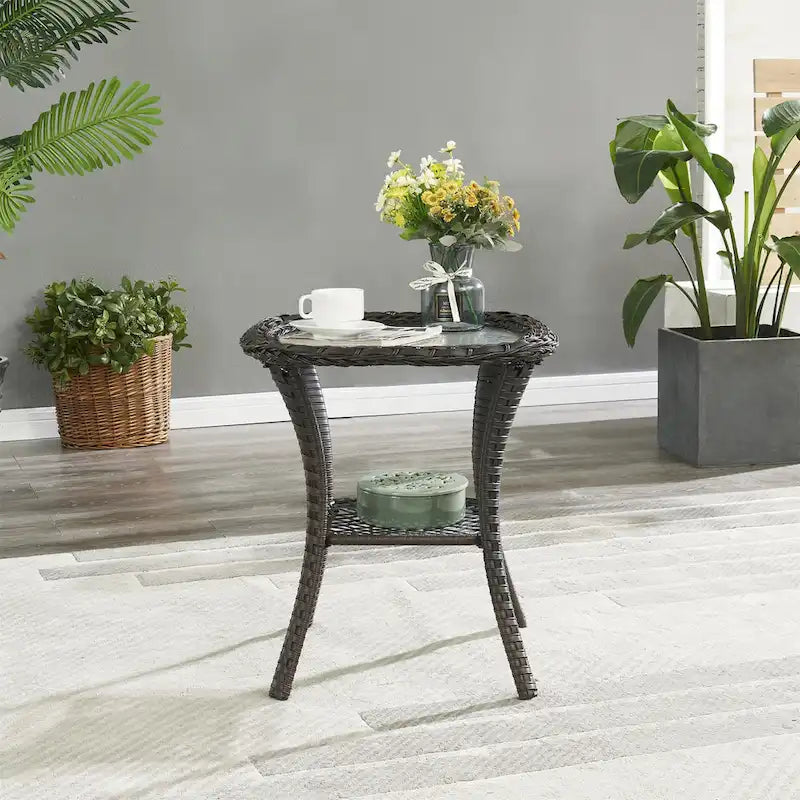 Table d'appoint d'extérieur carrée – Marron, résine tressée PE et plateau en verre trempé, une place