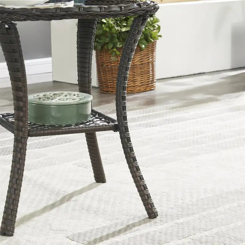 Table d'appoint d'extérieur carrée – Marron, résine tressée PE et plateau en verre trempé, une place