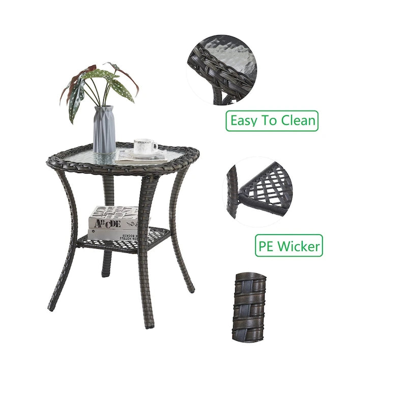 Table d'appoint d'extérieur carrée – Marron, résine tressée PE et plateau en verre trempé, une place