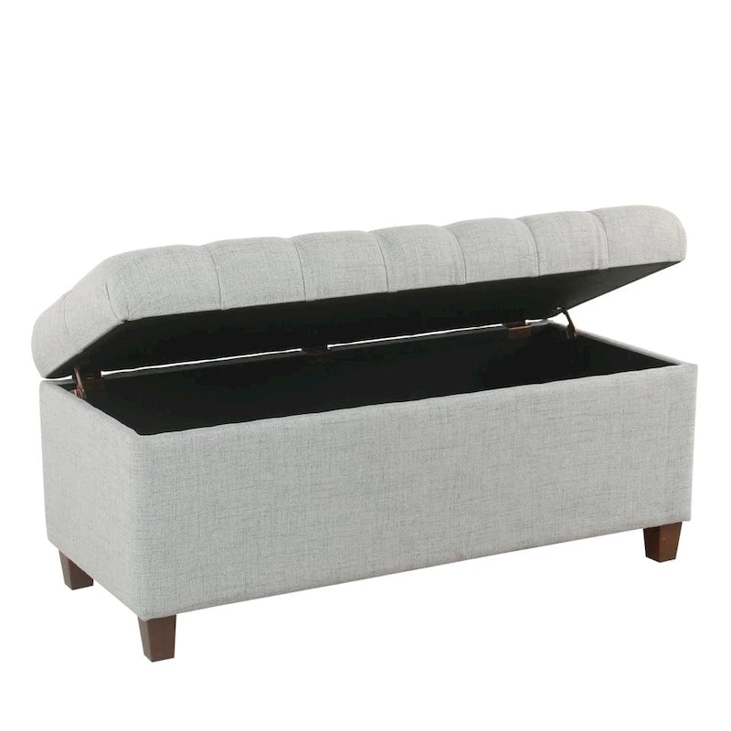 Banc de rangement capitonné avec couvercle à charnière – Bleu clair, tissu moderne et pieds en bois de noyer foncé, 1 à 2 utilisateurs