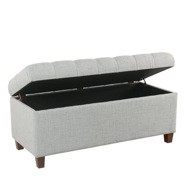 Banc de rangement capitonné avec couvercle à charnière – Bleu clair, tissu moderne et pieds en bois de noyer foncé, 1 à 2 utilisateurs