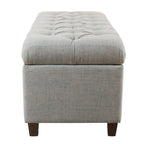 Banc de rangement capitonné avec couvercle à charnière – Bleu clair, tissu moderne et pieds en bois de noyer foncé, 1 à 2 utilisateurs