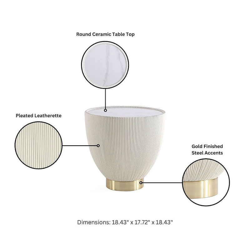 Table d'appoint ronde tapissée – Crème / Orange / Gris / Vert, Similicuir et Base Dorée, Utilisateur Unique