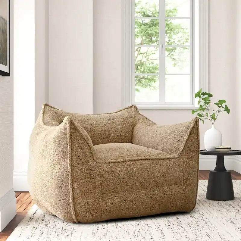 Fauteuil poire en tissu bouclé – Kaki/beige, mousse préremplie moderne, une place