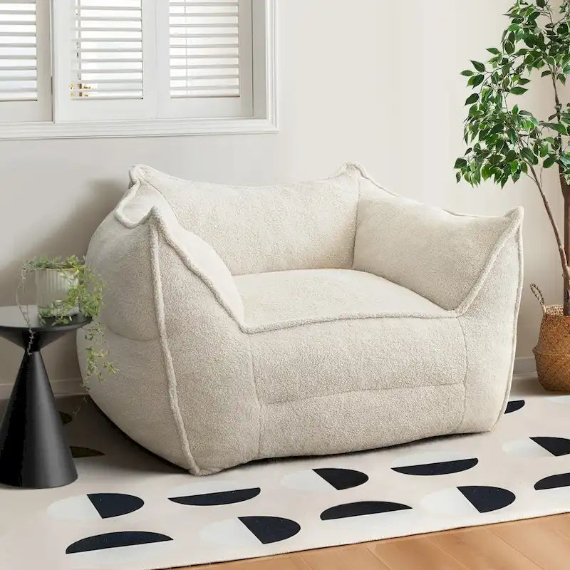 Fauteuil poire en tissu bouclé – Kaki/beige, mousse préremplie moderne, une place