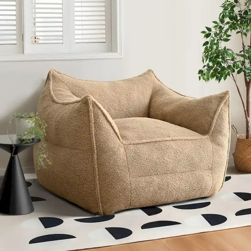 Fauteuil poire en tissu bouclé – Kaki/beige, mousse préremplie moderne, une place