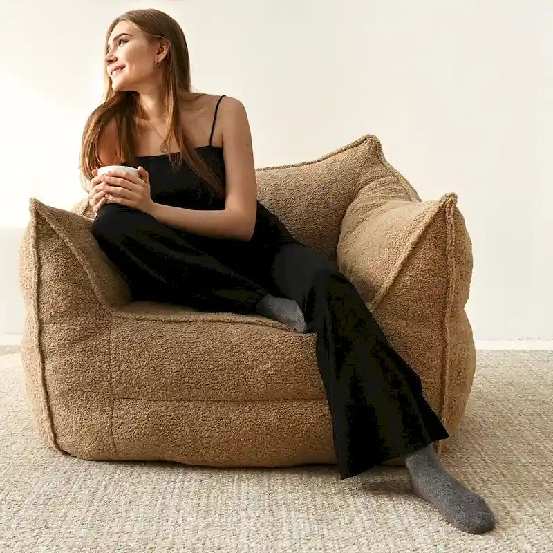 Fauteuil poire en tissu bouclé – Kaki/beige, mousse préremplie moderne, une place