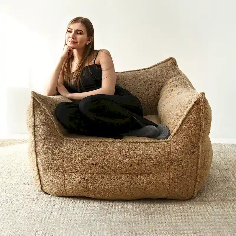 Fauteuil poire en tissu bouclé – Kaki/beige, mousse préremplie moderne, une place