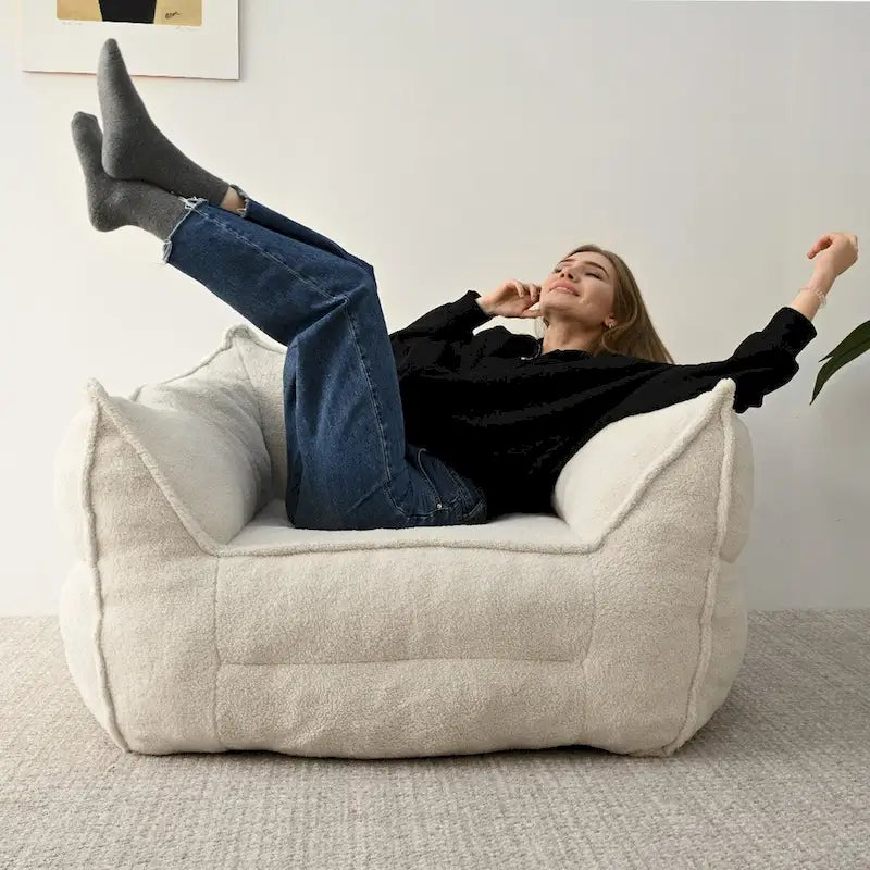 Fauteuil poire en tissu bouclé – Kaki/beige, mousse préremplie moderne, une place