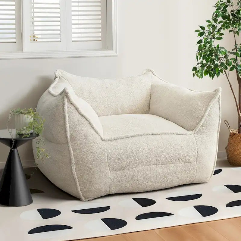 Fauteuil poire en tissu bouclé – Kaki/beige, mousse préremplie moderne, une place