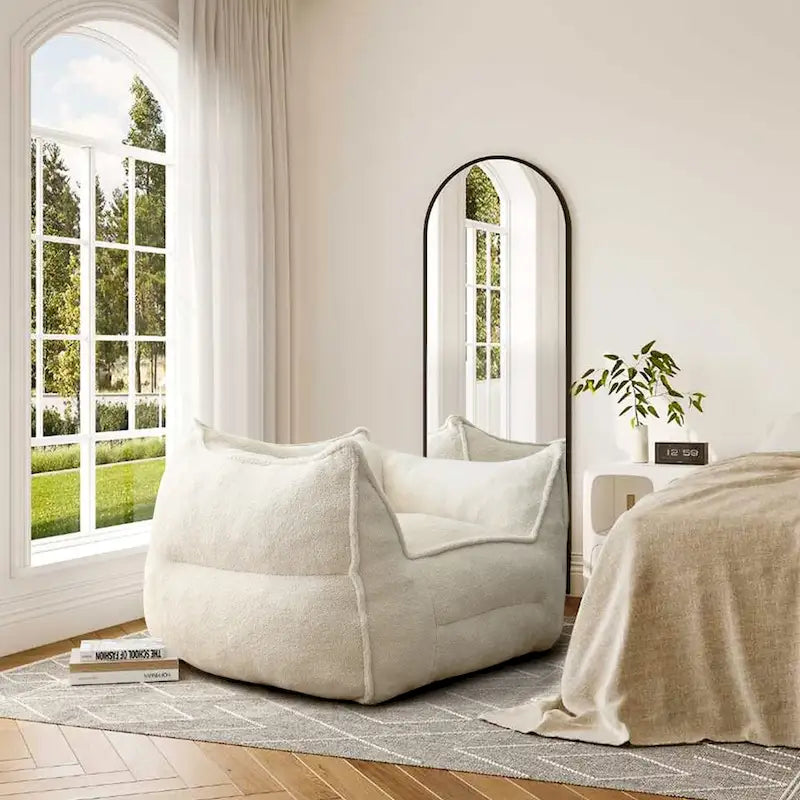 Fauteuil poire en tissu bouclé – Kaki/beige, mousse préremplie moderne, une place