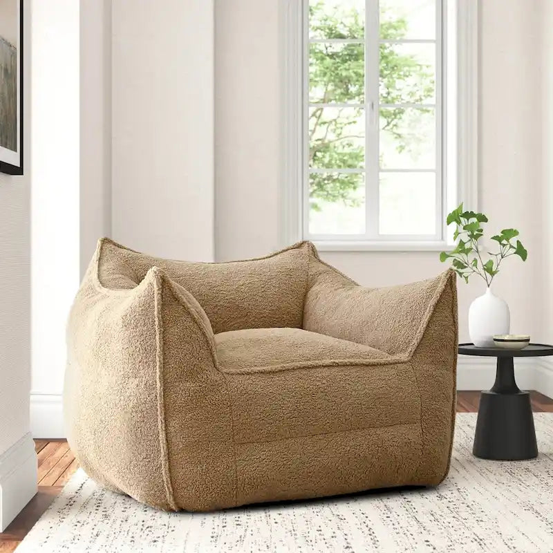 Fauteuil poire en tissu bouclé – Kaki/beige, mousse préremplie moderne, une place