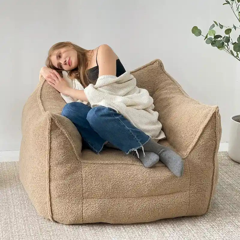 Fauteuil poire en tissu bouclé – Kaki/beige, mousse préremplie moderne, une place