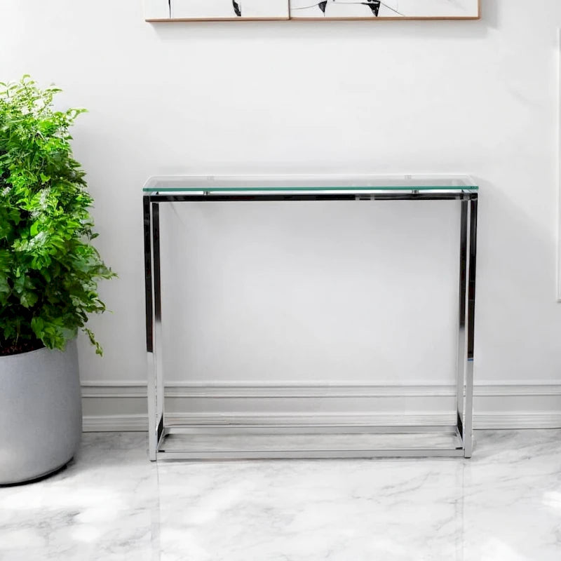 Console avec plateau en verre – Transparent / Noir / Doré, piétement traîneau moderne en acier, pour une personne