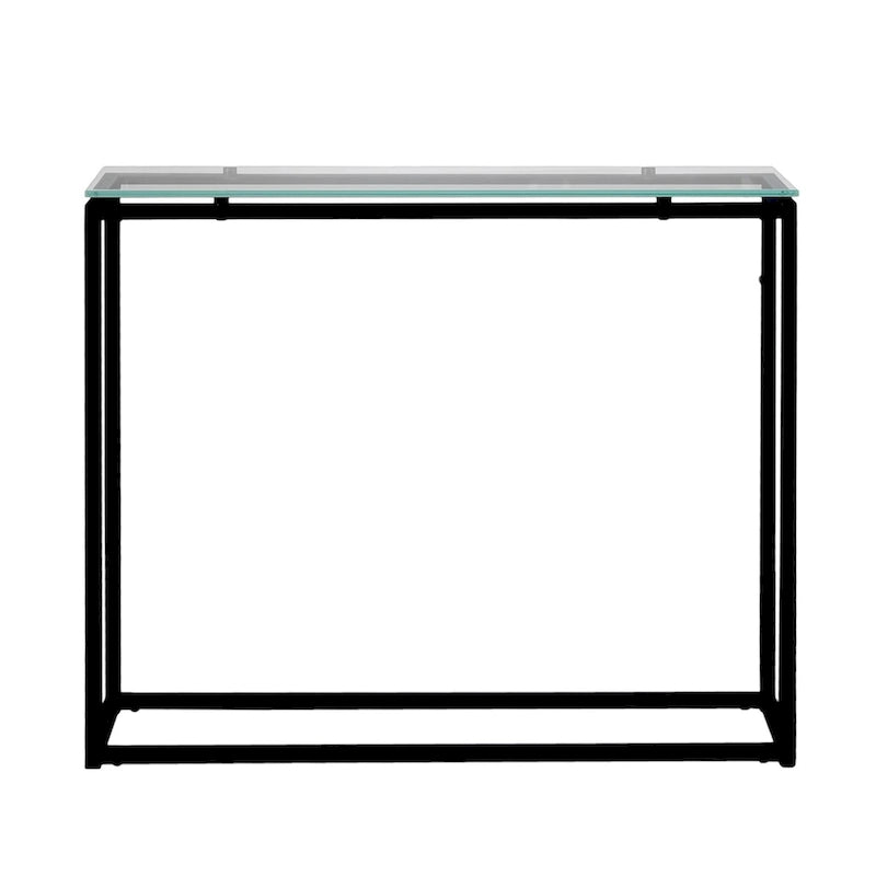 Console avec plateau en verre – Transparent / Noir / Doré, piétement traîneau moderne en acier, pour une personne